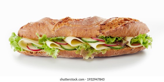 Yummy baguette sandwich with various vegetables and slices of cheese placed on white background in studio