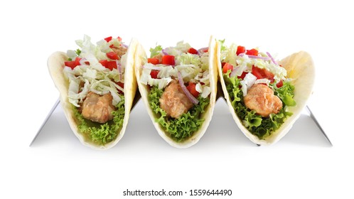 Yummy Fish Tacos In Holder Isolated On White