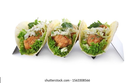 Yummy Fish Tacos In Holder Isolated On White