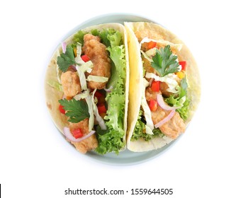 Yummy Fish Tacos Isolated On White, Top View