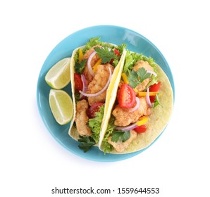 Yummy Fish Tacos Isolated On White, Top View