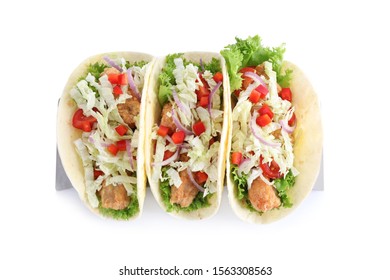 Yummy Fish Tacos Isolated On White, Above View