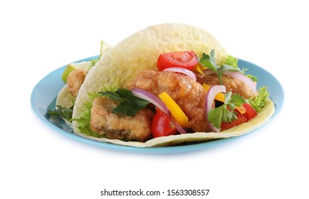 Yummy Fish Tacos With Onion Isolated On White