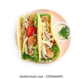 Yummy Fish Tacos With Sauce Isolated On White, Top View