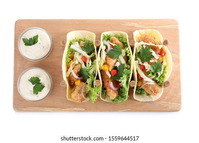 Yummy Fish Tacos With Sauce Isolated On White, Top View