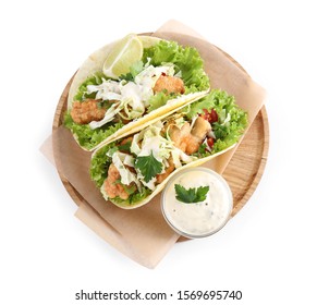 Yummy Fish Tacos With Sauce Isolated On White, Top View