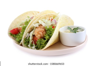 Yummy Fish Tacos With Sauce Isolated On White