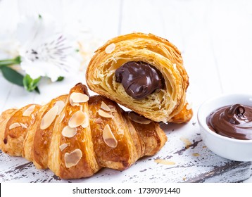 Yummy Freshly Croissant, Sliced Almonds, With Chocolate Filling Cut, Close Up