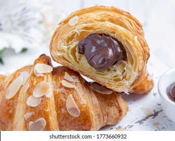 Yummy Freshly Croissant, Sliced Almonds, With Chocolate Filling Cut, Close Up