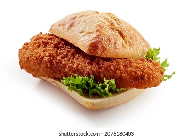 Yummy German Fischbrotchen Sandwich Made With Fresh Crispy Bun And Fried Breaded Cod Fish With Green Lettuce Leaves On White Background