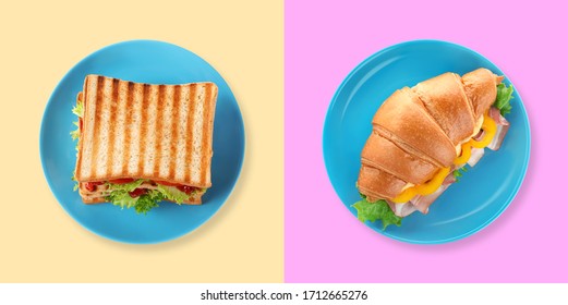 Yummy Sandwich And Croissant On Color Background, Top View