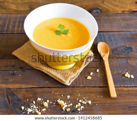 Similar – Image, Stock Photo Pumpkin soup in white bowl