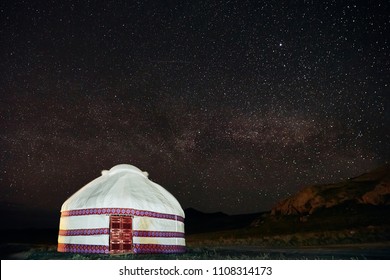 Yurt In The Steppes Of Kazakhstan Under The Stars Night