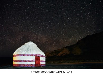 Yurt In The Steppes Of Kazakhstan Under The Stars Night