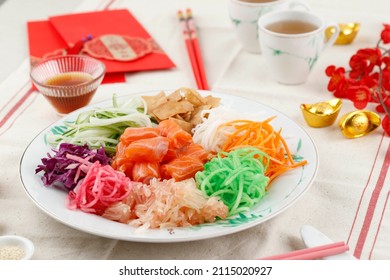 Yusheng, Yee Sang or Yuu Sahng, or Prosperity Toss is a Cantonese Style Raw Fish Salad. It Consists of Strips of Raw Fish Mixed with Shredded Vegetables and a Variety of Sauces and Condiments.