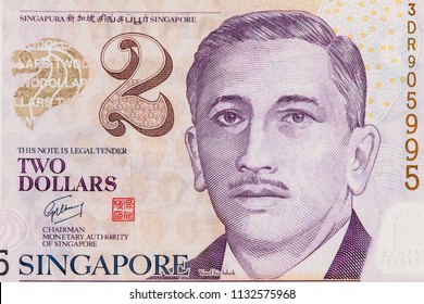 Yusof Bin Ishak Portrait On 2 Singapore Dollar Banknote Closeup Macro. Syngaporean Money Close Up