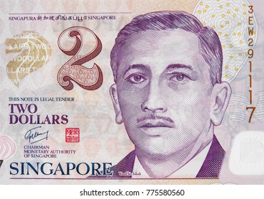 Yusof Bin Ishak Portrait On Singapore 2 Dollar Banknote Closeup Macro, Syngaporean Money Close Up