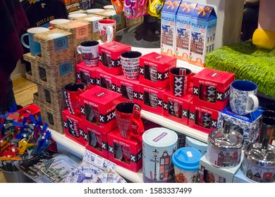 Zaanse Schans, Netherlands - 5th June, 2019: Top Down View Of A Counter In A Store With A Variety Of Goods - Holland Traditional Souvenirs.