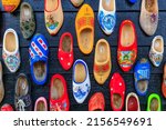 Zaanse Schans, Netherlands. Traditional painted handmade dutch wooden clogs.