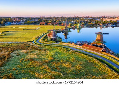 Zaanse Schans Rural Windmills, Fields And River Landscape, North Holland, Netherlands, Aerial View In Sunrise Light