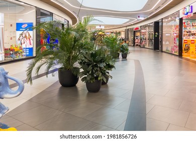 Zabrze. Poland 8 Maj 2021. Shopping mall people in Platan City Center. People shopping in modern commercial mall center. Interior of retail centre store in soft focus. Luxury inside hall