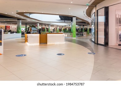 Zabrze. Poland 8 Maj 2021. Mall people background in Platan City Center Zabrze. Interior of retail centre store in soft focus. People shopping in modern commercial mall center