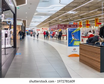Zabrze. Poland 8 May 2021. Shopping interior in Platan City Center. People shopping in modern commercial mall center. Interior of retail centre store in soft focus. Luxury inside business hall