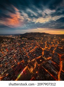 Zacatecas City From Drone At The Sunset. 