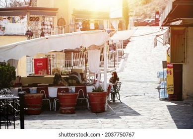 ZACATECAS, MEXICO - Apr 01, 2018: A Mexican Food Stand On A Cobblestone Street Of Zacatecas, Mexico