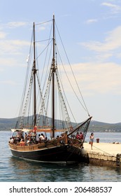 ZADAR, CROATIA - JULY 15, 2014: Wooden Tourist Ship Anchored In The Harbor Waiting For Tourists To Come Aboard