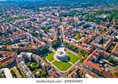 Zagreb aerial. The Mestrovic pavillion and town of Zagreb aerial view. Capital of Croatia.