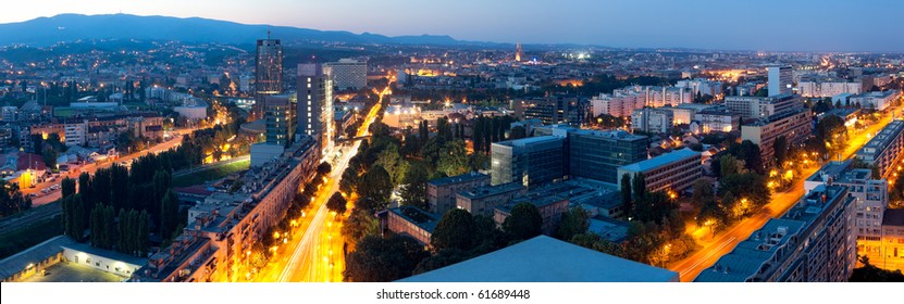 Zagreb Capitol Of Croatia. Panorama By Night.