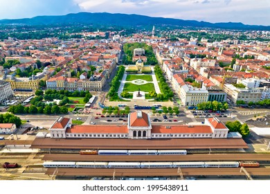 Zagreb central train station and Lenuci Horseshoe. Green zone of Zagreb historic city center aerial view, famous landmarks of capital of Croatia - Powered by Shutterstock