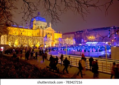 Zagreb Christmas Ice Park Evening View, Capital Of Croatia