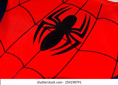 ZAGREB , CROATIA - 19 FEBRUARY 2015 - Close Up Spiderman Logo Printed On His Costume Shirt, Product Shot