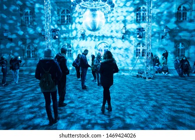 Zagreb, Croatia, 20.3.2019: Art/light Installation Disco In Klovicevi Dvori As Part Of Zagreb Festival Of Lights With Large Disco Ball And Blue Lights