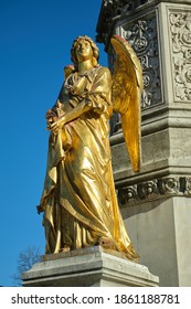 Zagreb Croatia- 4 11 2020: Gold Angel Statue In Front Of The Zagreb Cathedral In Croatia