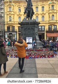 ZAGREB, CROATIA - 8 DECEMBER 2017: Candles And Flags Honouring The War Criminal Slobodan Praljak On The Main Square In The Capital City.