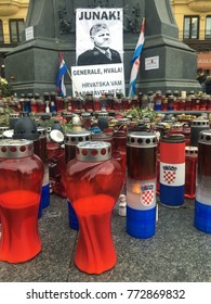 ZAGREB, CROATIA - 8 DECEMBER 2017: Candles And Flags Honouring The War Criminal Slobodan Praljak On The Main Square In The Capital City.