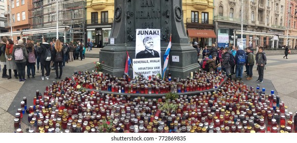 ZAGREB, CROATIA - 8 DECEMBER 2017: Candles And Flags Honouring The War Criminal Slobodan Praljak On The Main Square In The Capital City.