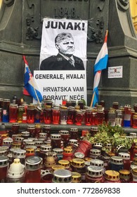 ZAGREB, CROATIA - 8 DECEMBER 2017: Candles And Flags Honouring The War Criminal Slobodan Praljak On The Main Square In The Capital City.