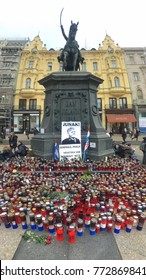 ZAGREB, CROATIA - 8 DECEMBER 2017: Candles And Flags Honouring The War Criminal Slobodan Praljak On The Main Square In The Capital City.