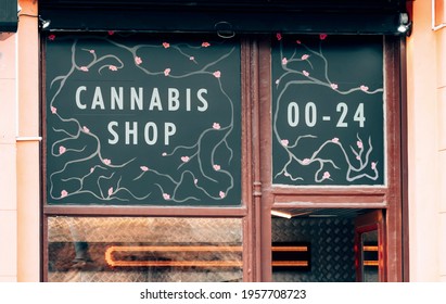 ZAGREB, CROATIA - Apr 02, 2021: Medicinal Marijuana Shop Storefront In City 