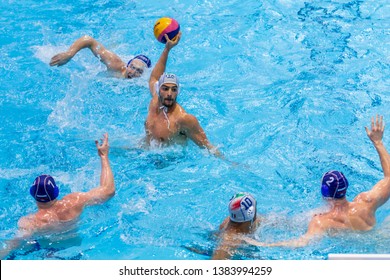ZAGREB, CROATIA - APRIL 05, 2019: FINA Water Polo WORLD LEAGUE EUROPA CUP 2019. Italy vs Russia. In action VELOTTO Alessandro (6)