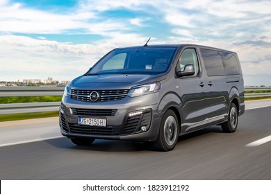 Zagreb, Croatia - April 28, 2020: Man Is Driving Opel Zafira Mini Van Fast On A Highway. 