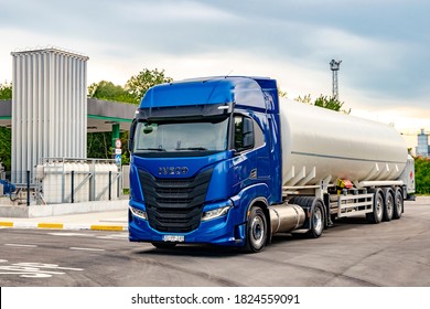 Zagreb, Croatia - April 28, 2020: Iveco Stralis S460 CNG (compressed natural gas) powered long haul truck driving on a highway. CNG is the cleanest burning alternative fuel available.