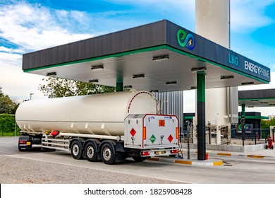 Zagreb, Croatia - April 28, 2020: Iveco Stralis S460 CNG (compressed natural gas) powered long haul truck refueling on a CNG  station. CNG is the cleanest burning alternative fuel available.