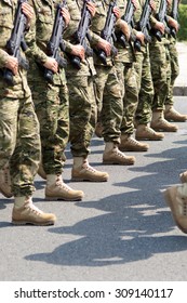 Zagreb, Croatia - August 1, 2015: Croatian soldiers during military parade rehearsal held in celebration of 20th anniversary of liberation of Croatia.