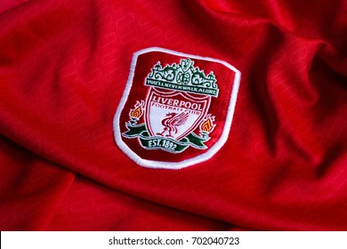 ZAGREB, CROATIA - AUGUST 24, 2017. - English football club Liverpool FC emblem on football jersey. 