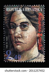 ZAGREB, CROATIA - AUGUST 29, 2014: A Stamp Printed In Croatia Shows Katarina Zrinska A Croatian Noblewoman And Poet, Born Into The House Of Frankopan Noble Family, Circa 1996